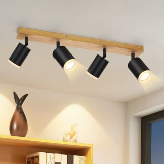 ZMH Deckenleuchte Deckenstrahler 4 flammig Holz Deckenlampe GU10 355° verstellbar Schwarz Vintage Industrial