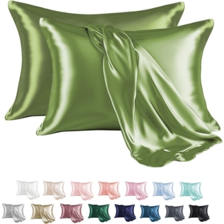 2er-Set – Luxuriöser Kissenbezug aus Satin-Seide – Für Haar und Haut – Satin-Kissenbezug mit Reißverschluss , Grün, B 2cm x H 27cm x T 8cm