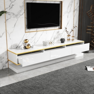 Odikalo Lowboard TV-Schrank TV-Bank mit Stauraum (Modernes TV-Lowboard mit 200x40x40cm, TV-Schrank Holz TV-Tisch - Wohnzimmer Schlafzimmer, Warmweißer TV-Tisch mit goldener Kante,Standfernsehschrank)