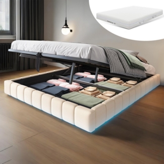 OKWISH Polsterbett Funktionsbett,Kinderbett,Jugendbett,Gästebett (mit Stauraum und LED-Beleuchtung – Multifunktionales Design ohne Kopfteil, Luftdruck-Lagersystem, Robuster Metallrahmen für 250 kg Belastbarkeit, Perfekt für Schlafzimmer und moderne Woh...