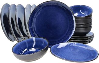 18tlg. Teller Set Reactive Glaze Navy Blue 6 Pers. Steingut Teller Schale Blau