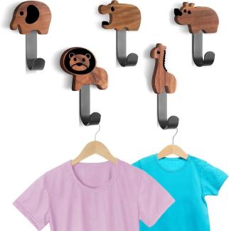 BlingBin Kleiderhaken Garderobenhaken 5 Stück Holzkleiderhaken Tierformen für Kinder, Wand, (5 Stück, 5-St, 5pcs), Kleiderhaken für Mantel, Mütze, Tasche