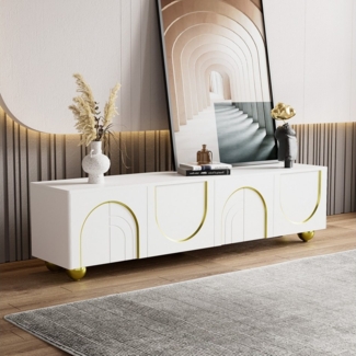 STILVORA Lowboard 170×38cm TV-Schrank in wohnzimmer,Fernsehschrank weiß mit Regal (Fernsehtisch, TV-Board mit Metallbeine, 1 St, 4 Türen), Push-Open-Mechanismus,mit goldenen Bögen und exquisiten Schnitzereien