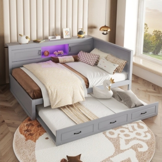 Flieks Daybett, LED Tagesbett Kinderbett 140x200cm Ausziehbett 90x190cm Ladenfunktion