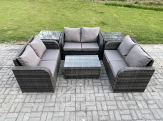 Fimous Gartenmöbel-Sets 6-Sitzer Polyrattan Möbel Sofa Sets mit Rechteckiger Couchtisch Love Sofa 2 Beistelltischen Dunkelgrau Gemischt