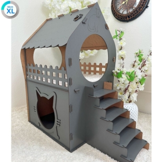 Jungengel Tierhaus Zweistöckiges Katzenhaus aus MDF – Anthrazit – in XL, XXL, 3XL, Werkzeugloser Aufbau, 2 Etagen, Treppe, schlichtes Design