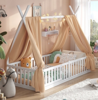 Alavya Home® Kinderbett Hausbett Bodenbett SKY SET aus Buche – FSC® 100% mit Tür & Deko (Hausbett 90x200 cm SET mit Tür, Decoration Beige, Matratze, Rausfallschutz & Lattenrost Kinderbett 90x200), bodentiefes Jugendbett weiß massiv BUCHE für Junge Mädchen