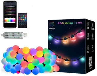 PRIISF Gartenleuchte Kugel LED Lichterkette Globe RGB Glühbirnenkette Glühbirnelichterkette, mit-APP-und-Fernbedienung, Smart Bunt Partylichterkette Musiksync Außen & Innen, farblig Büschel Cluster Beleuchtung Lichtband, für Hochzeit, Party, Balkon, Pa...