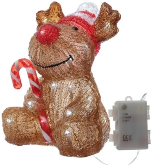 MARELIDA LED Dekofigur LED Rentier mit Zuckerstange Acrylfigur Elch Außen Weihnachtsdeko 24cm, LED Classic, kaltweiss (5300K bis 6000K)