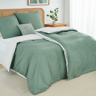 Topfinel Bettwäsche 135x200 cm, Seersucker Bettwäsche-Sets, bügelfrei, allergiker, kühlende, 100% Mikrofaser, 4 teilig, 4-tlg. Salbeigrün/Weiß:2 Btz. 135x200+2 Ktz. 80x80, m. Reißvers.