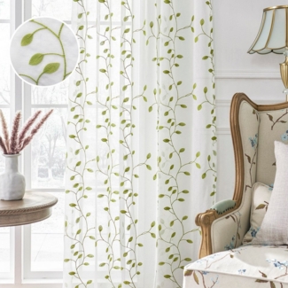 Qelus Vorhang Weiß Transparent mit Blattstickerei für Stabtasche, 2st Voile Gardinen (2 St), Moderne Gardinen mit Muster für Wohnzimmer Schlafzimmer Dekor