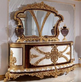 Casa Padrino Luxus Barock Möbel Set Weiß / Braun / Gold - 1 Barock Sideboard & 1 Barock Wandspiegel - Barock Möbel - Edel & Prunkvoll