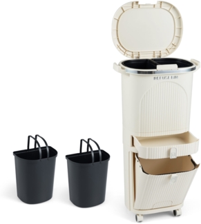 42L Küchenmülleimer mit Deckel & 3 Fächern Tretmülleimer & Fußpedal & Rädern Beige