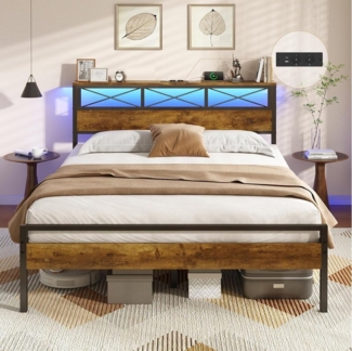 MSMASK Metallbett Bettgestell mit LED Beleuchtung und Steckdose USB-Anschlüsse (Ohne Matratze), Kinderbett Jugendbett Einzelbett, 120 x 200cm