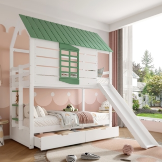 Merax Etagenbett Kinderbett Hochbett 90x200cm mit 2 Schubladen, Hausbett mit Rutsche, mit Dach und Fenstern, Stockbett mit Rausfallschutz, Weiß+Grün