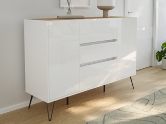 Design Sideboard Kommode Daro 140cm Greifraum 3 SoftClose 2 Türen Weiß/Eiche Top : Weiss hochglanz / Oak Gold