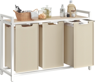 VASAGLE Wäschekorb 3 Fächer, Wäschesammler mit Ablage, Wäschebox, Wäschesack ausziehbar abnehmbar, 3x40 L, beige