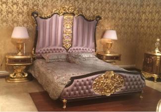 Casa Padrino Luxus Barock Schlafzimmer Set Rosa / Dunkelbraun / Gold - 1 Doppelbett mit Kopfteil & 2 Nachtkommoden - Hochwertige Schlafzimmer Möbel im Barockstil - Edel & Prunkvoll