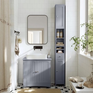 VASAGLE Badezimmerschrank, Badschrank, hoch, schmaler Aufbewahrungsschrank, mit verstellbaren Ablagen, Schublade, offenen Fächern, für kleine Räume, modern