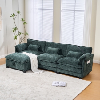 Flieks 3-Sitzer Schlafsofa aus Chenille, Ecksofa Mit USB-Anschluss, Seitentasche, Handyhalter und modularen Hockern, Smaragd