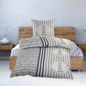 Casa Colori Bettwäsche Seersucker Bettwäsche 135x200 cm Gestreift mit Leuchtturm Motiv, Seersucker, 2 teilig, leicht