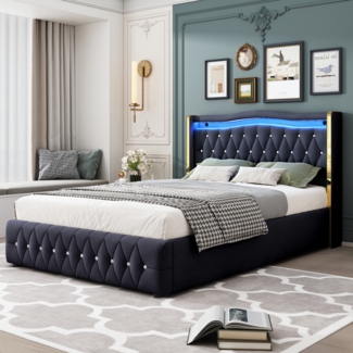 Polsterbett 140x200 cm aus Samt mit Stauraum und LED-Beleuchtung