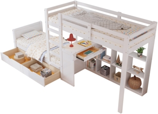 Etagenbett mit Schreibtisch und Stauraum (90x200 cm), Kinderbett mit Regal, Lattenrost und Rausfallschutz, Kiefer, Jugendbett
