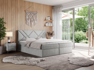 Boxspringbett, Polsterbett mit Multipocket-Matratzen und Topper, dekorativem Kopfteil, zwei Bettkästen - NEOMI - 200 x 200 cm - Hellgrau Stoff - H4