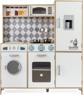 Spielküche aus Holz mit Zubehör Küchenspielset Spielzeugküche mit Eismaschine & Kochherd Natur