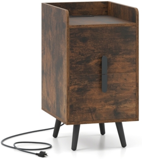 Nachttisch mit Ladestation schmaler Nachtschrank mit 2 Schubladen Beistelltisch mit Metallbeinen Rustikales Braun