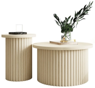 OKWISH Couchtisch Wohnzimmertisch Sofatisch (Runder Beistelltisch im 2er-Set – Naturholzoptik mit Wellenstruktur, 2-St, Kratzfest & Stabil)
