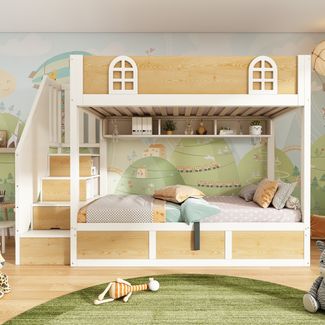 Merax Etagenbett 90x200 cm Kinderbett, Jugendbett, mit Treppenschrank und Stauraum, Doppelstockbett in Weiß und Natur mit Sicherheitsgeländer und Lattenrost, platzsparendes Bett