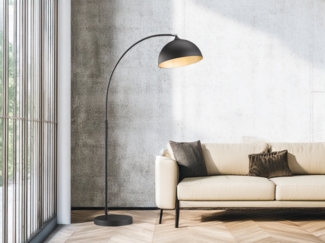 LED Bogenlampe dimmbar mit Lampenschirm Schwarz Gold, Höhe 200cm