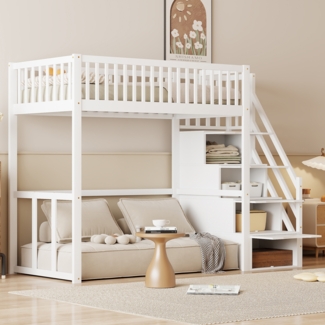 Merax Hochbett Massivholz Kinderbett Einzelbett 90x200cm mit Stauraumtreppe, weiß