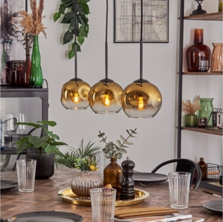 hofstein Pendelleuchte Pendellampe aus Metall/Glas in Schwarz/Goldfarben/Klar, ohne Leuchtmittel, Retro/Vintage, mit Glasschirmen(15 cm), 3 x E27, ohne Leuchtmittel