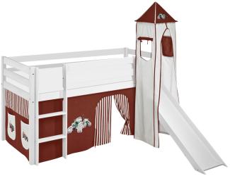 Lilokids 'Jelle' Spielbett 90x190 cm, Trecker Braun Beige, Kiefer massiv, mit Turm, Rutsche und Vorhang