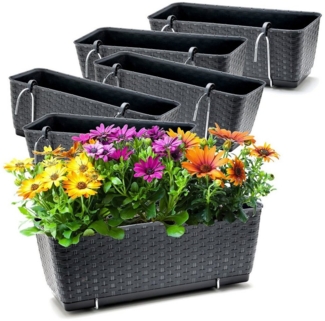 BigDean 6er Set Blumenkästen für Balkon-Geländer - Rattan-Optik - Anthrazit - Balkonkästen mit Metall-Halterung - 39 x 15,5 x 14 cm - inkl. Bewässerungssystem