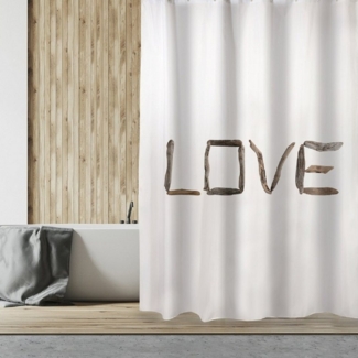 MSV Duschvorhang LOVE Breite 180 cm, Textil-Duschvorhang, 100% Polyester, wasserabweisend, Anti-Schimmel-Effekt, waschbar 30°, angesagter Shabby Look, Farbe weiß / braun, 180x200 cm