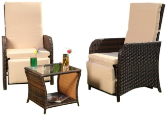Melko Balkonset Sitzgarnitur Polyrattan Braun Sitzgruppe Essgarnitur Gartenmöbel Set, (elegantes Set im Lounge-Design, 3-tlg, inkl. Auflagen für mehr Komfort), 3-teiliges Rattanmöbel Set mit verstellbarer Rücken- & Fußlehne