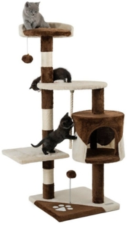 lionto Kratzbaum für Katzen mit 2 Plüschbällen & Spielseil, Höhe 112 cm, Katzenbaum mit Sisalseil & Plüsch, gemütliche Liegefläche & Höhle, inkl. Wandhalterung, für kleine & große Katzen, braun/beige