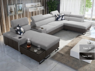 Möbel für Dich Wohnlandschaft in U-Form Melody V, mit Ablagetisch, Barfach, USB, Becherhalter, Bettfunktion, Bettkasten