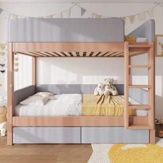Etagenbett mit gepolstertem Rausfallschutz und Schubladen, 90x200cm, Kinderbett mit Trittleiter und Lattenrost, Massivholz