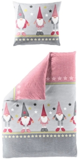 JACK Bettwäsche 135x200cm Wichtel Sterne Rosa Pink Grau, Biber, 2 teilig, mit süßem Wichtel Design und Sternflocken