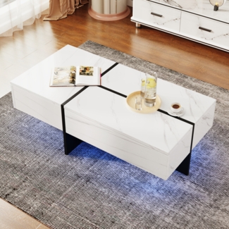 Hochgl?nzender Couchtisch, Struktur aus wei?em Marmorimitat und farblich passender Tisch in Schwarz, Wohnzimmerm?bel, 100*50*34,5cm, mit App-gesteuertem LED-Beleuchtungssystem