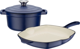 GSW Topf-Set Blue Magic, Gusseisen (Set, 3-tlg, 1x Kochtopf mit Deckel Ø 20 cm, 1x Grillpfanne 27 x 27 cm), Dunstzapfen im Deckel zum Garen im eigenen Saft, Induktion