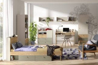 Deine Möbel 24 Kinderkleiderschrank YOGI 02 Kleiderschrank Drehtürenschrank 90 cm (Set, 3-St, 2-türig inkl. 3 Schubladen) Kinderzimmer Jugendzimmer Graubeige Geölte Eiche Eukalyptus Koralle