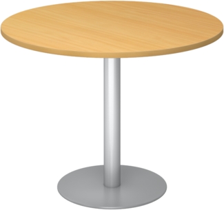 bümö Besprechungstisch, Esstisch klein, Tisch rund 100 cm - kleiner Esstisch Buche, Rundtisch Esstisch 2 Personen mit Holz-Platte, Säule aus Metall in silber, Konferenztisch, Bistrotisch, STF10-6-S