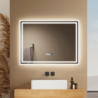 EMKE Badspiegel mit Beleuchtung, Bewegungssensor, 80x60cm, LED Kaltweißes/Neutral/Warmweißes Licht, Dimmbar, Beschlagfrei, Touch, IP44 Wandspiegel