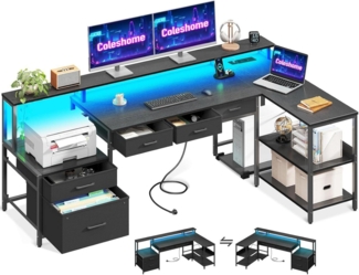 Schreibtisch L Form 175x100cm Gaming Tisch LED Monitorständer Steckdose Schwarz