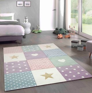 Carpetia Kinderteppich Kinderteppich Kinderzimmer Punkte Herz Stern Design creme rosa blau, rund, Höhe: 13 mm